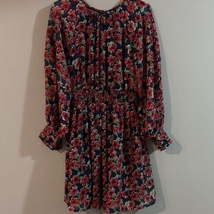 Navy Long-Sleeve Floral Dress with Smocked Waist in Red Floral